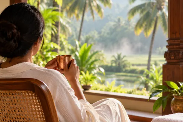 Guest resting with a cup of warm water after an Abhyanga massage at an Ayurvedic centre in Kerala