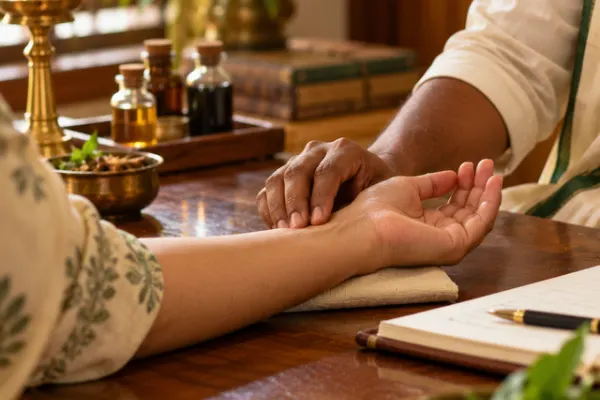 Ayurvedic physician checking a guest's pulse during a consultation before Abhyanga massage in Kovalam