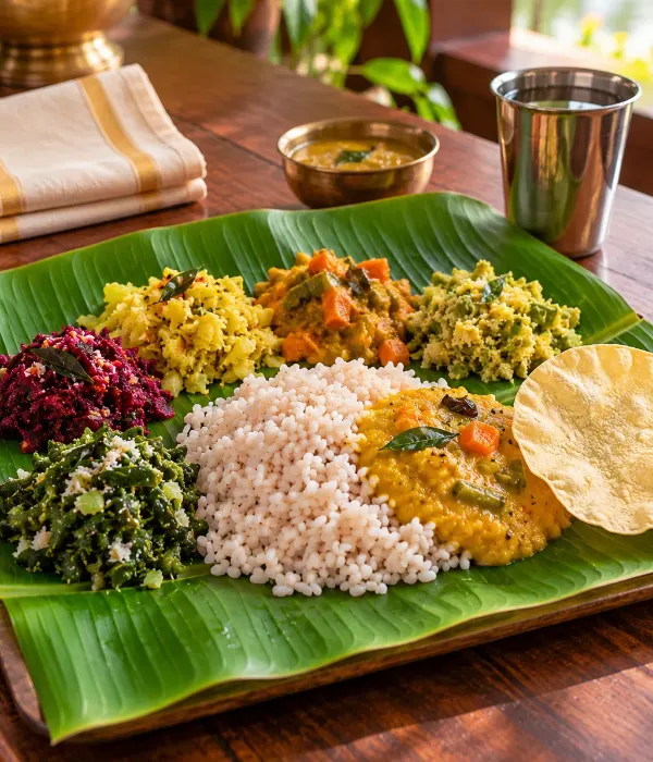 Ayurvedic vegetarian meal on a banana leaf