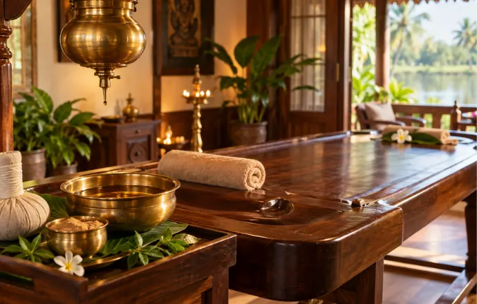 Abhyanga for Vata Ayurvedic massage setting with warm herbal oil, bronze vessels, and a traditional Kerala-style wellness room.