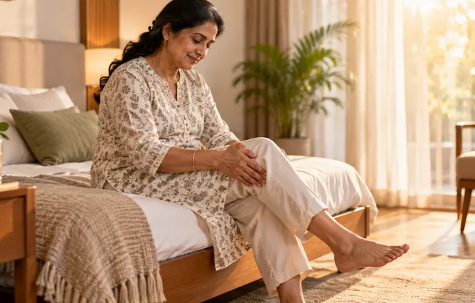 Woman gently moving her knee to ease joint stiffness in morning while sitting on the edge of her bed