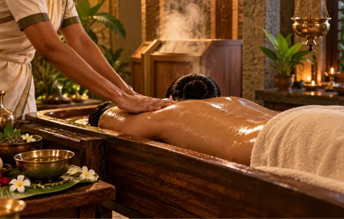Abhyanga in Panchakarma with a therapist performing a warm herbal oil massage on a wooden Ayurvedic droni in a serene Kerala wellness setting.