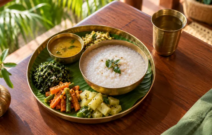 Warm vegetarian meal with rice porridge and dal soup as part of a panchakarma diet