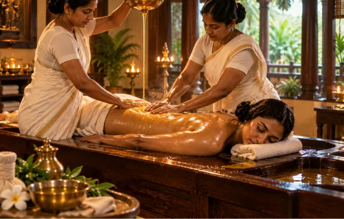 Traditional Kerala Ayurvedic Pizhichil treatment with warm golden oil used for Pizhichil being poured continuously over a patient on a wooden droni while two therapists perform synchronized massage strokes in a serene Ayurvedic spa.