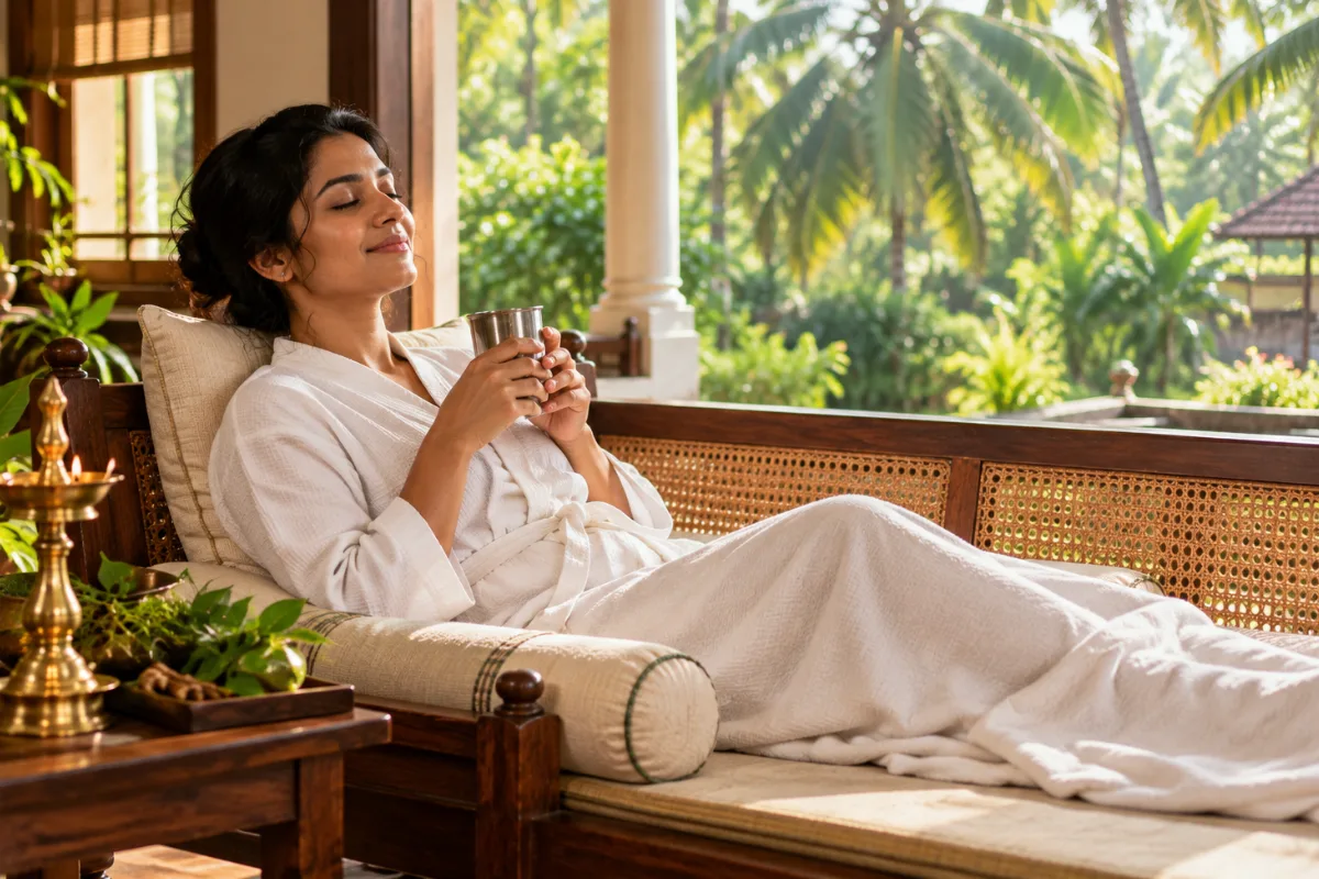 Guest resting with a cup of warm water after a Kizhi massage at an Ayurvedic centre in Kerala