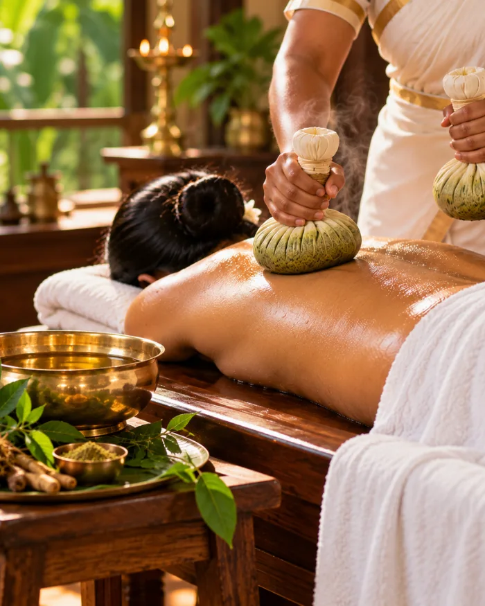 Therapist applying a warm herbal kizhi bundle during a Kizhi Ayurvedic massage in Kovalam