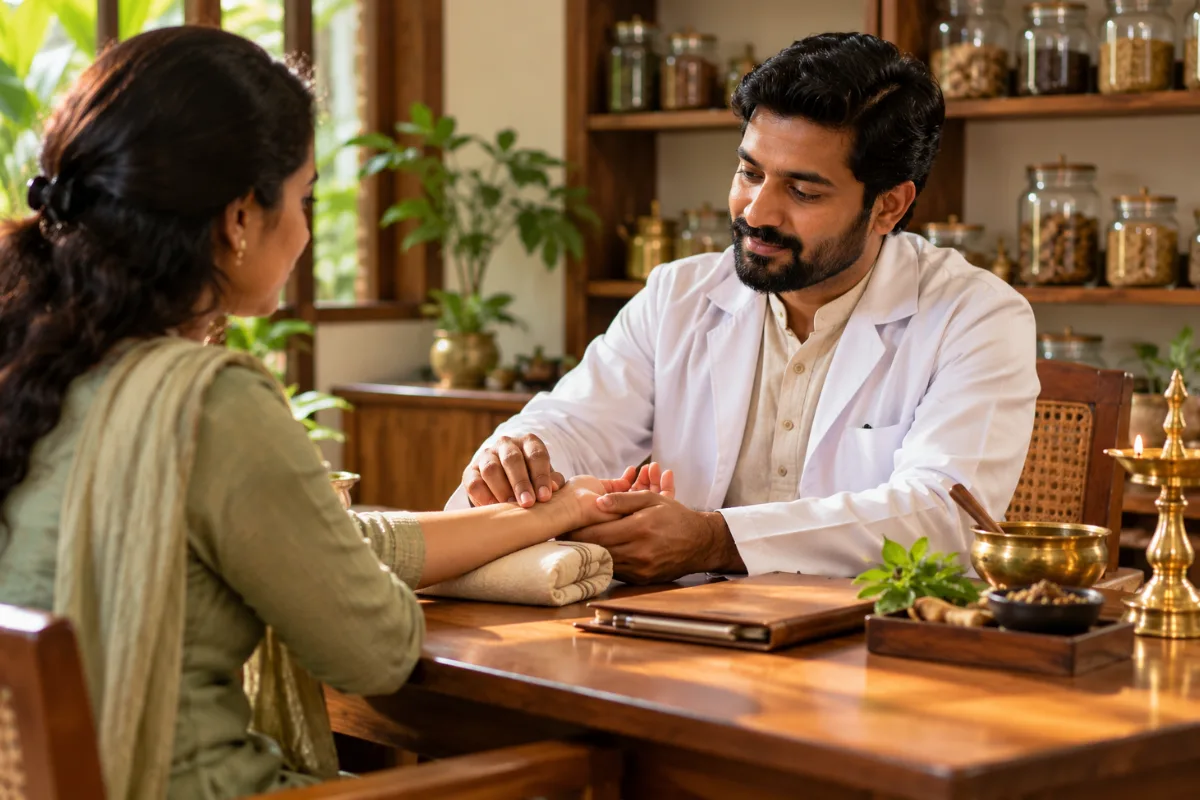 Ayurvedic physician checking a guest's pulse during a consultation before Kizhi massage in Kovalam