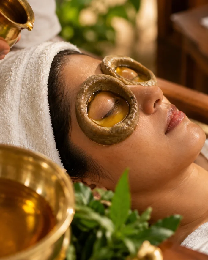 Dough rings filled with warm medicated ghee over a guest's closed eyes during a Netra Tharpanam treatment in Kovalam
