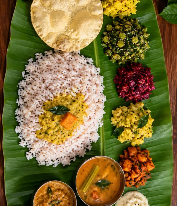 Ayurvedic vegetarian meal on a banana leaf