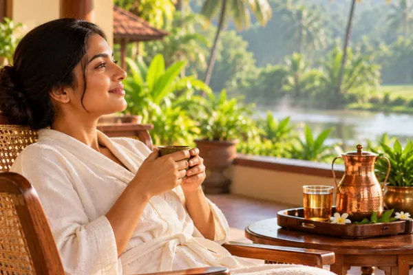 Guest resting on a veranda after Pizhichil treatment at an Ayurvedic centre in Kerala
