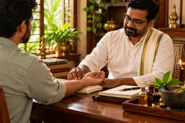 Ayurvedic physician examining a guest during a consultation before Pizhichil treatment in Kovalam