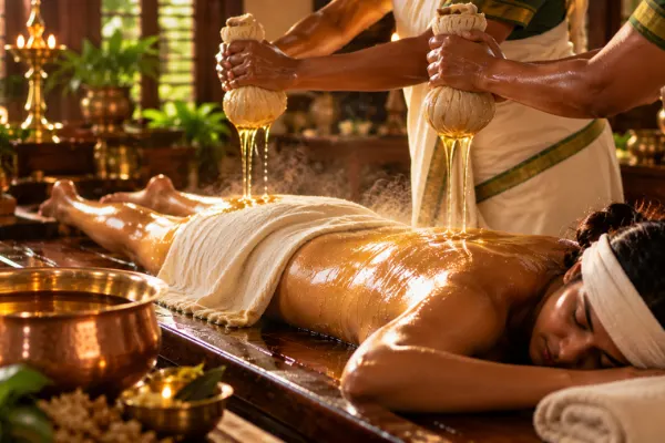 Therapists performing Pizhichil with warm medicated oil poured over a guest in Kovalam