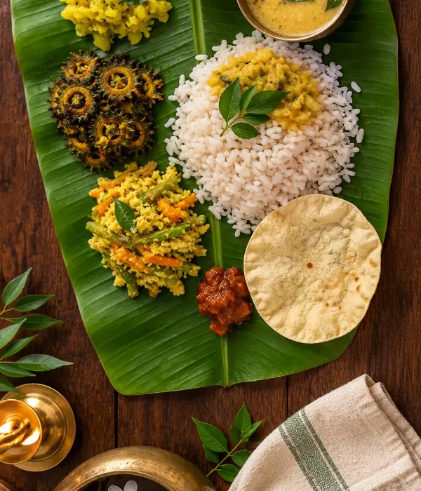 Ayurvedic vegetarian meal on a banana leaf