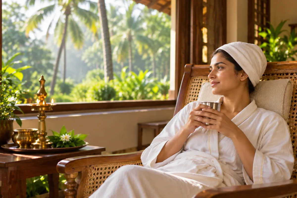 Guest resting with a cup of warm water after a Shirovasti treatment at an Ayurvedic centre in Kerala