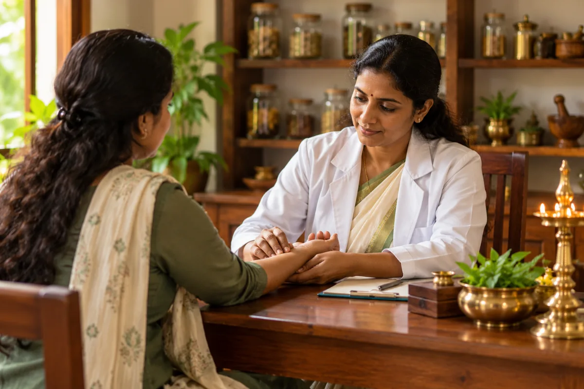 Ayurvedic physician checking a guest's pulse during a consultation before Shirovasti treatment in Kovalam