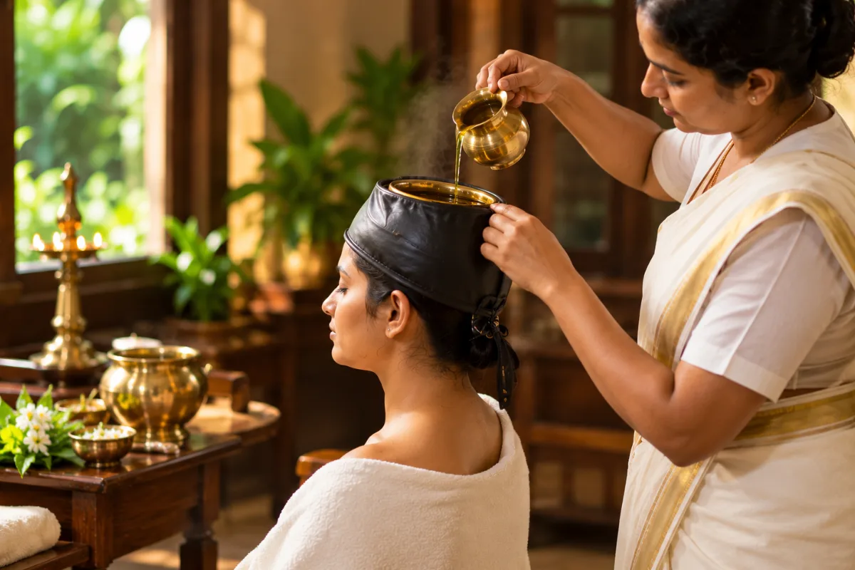 Therapist pouring warm medicated oil into a cap during a Shirovasti treatment session in Kovalam