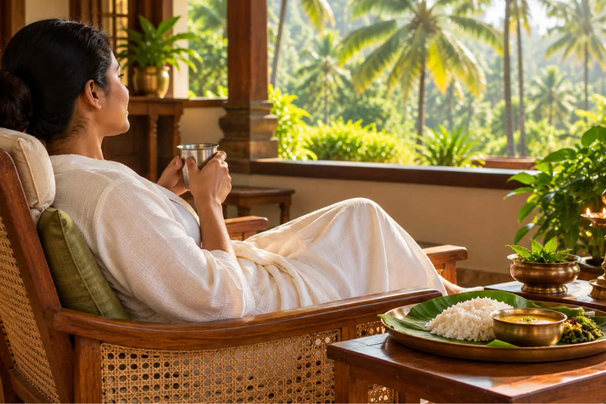 Guest resting with warm water and a light meal of rice and vegetables after Snehapanam at an Ayurvedic centre in Kerala