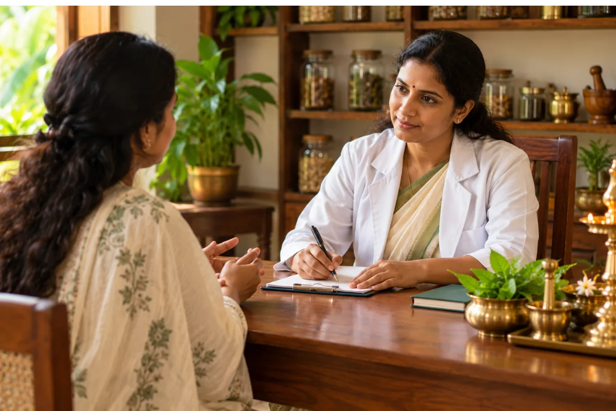 Ayurvedic physician reviewing a guest's digestion and constitution during a consultation before Snehapanam in Kovalam
