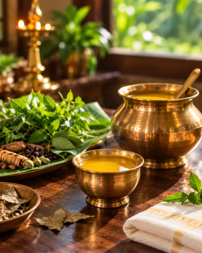 Warm medicated ghee in a small brass cup prepared for a Snehapanam treatment in Kovalam