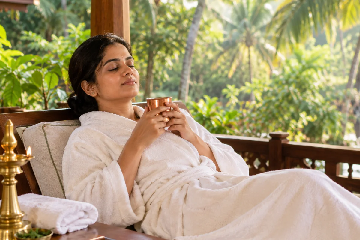 Guest resting with a cup of warm water after a Swedana steam bath at an Ayurvedic centre in Kerala