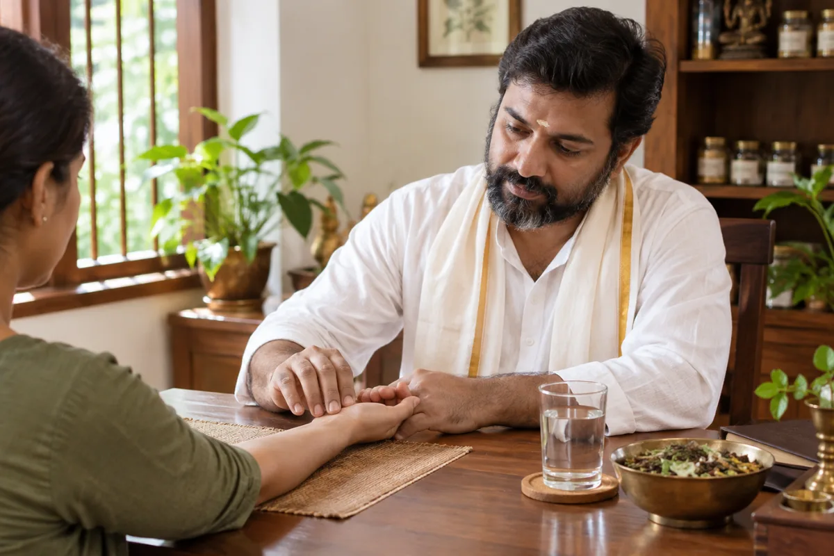 Ayurvedic physician checking a guest's pulse during a consultation before Swedana steam therapy in Kovalam