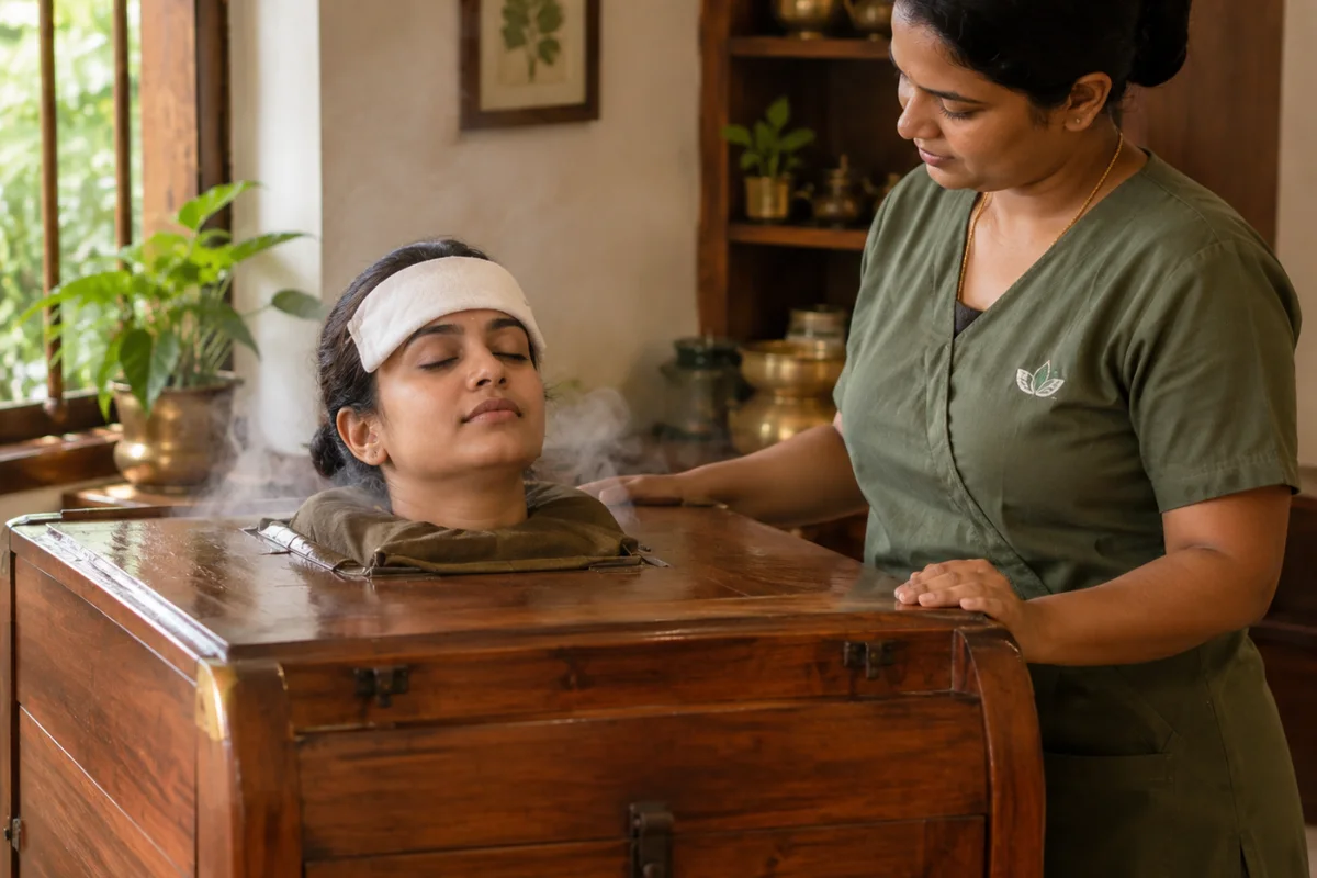 Guest in a wooden steam chamber with the head outside and a cool cloth on the forehead during Swedana in Kovalam