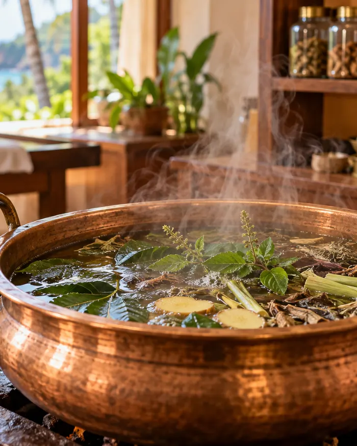 Warm herbal steam rising from a copper pot of medicated decoction used for a Swedana treatment in Kovalam