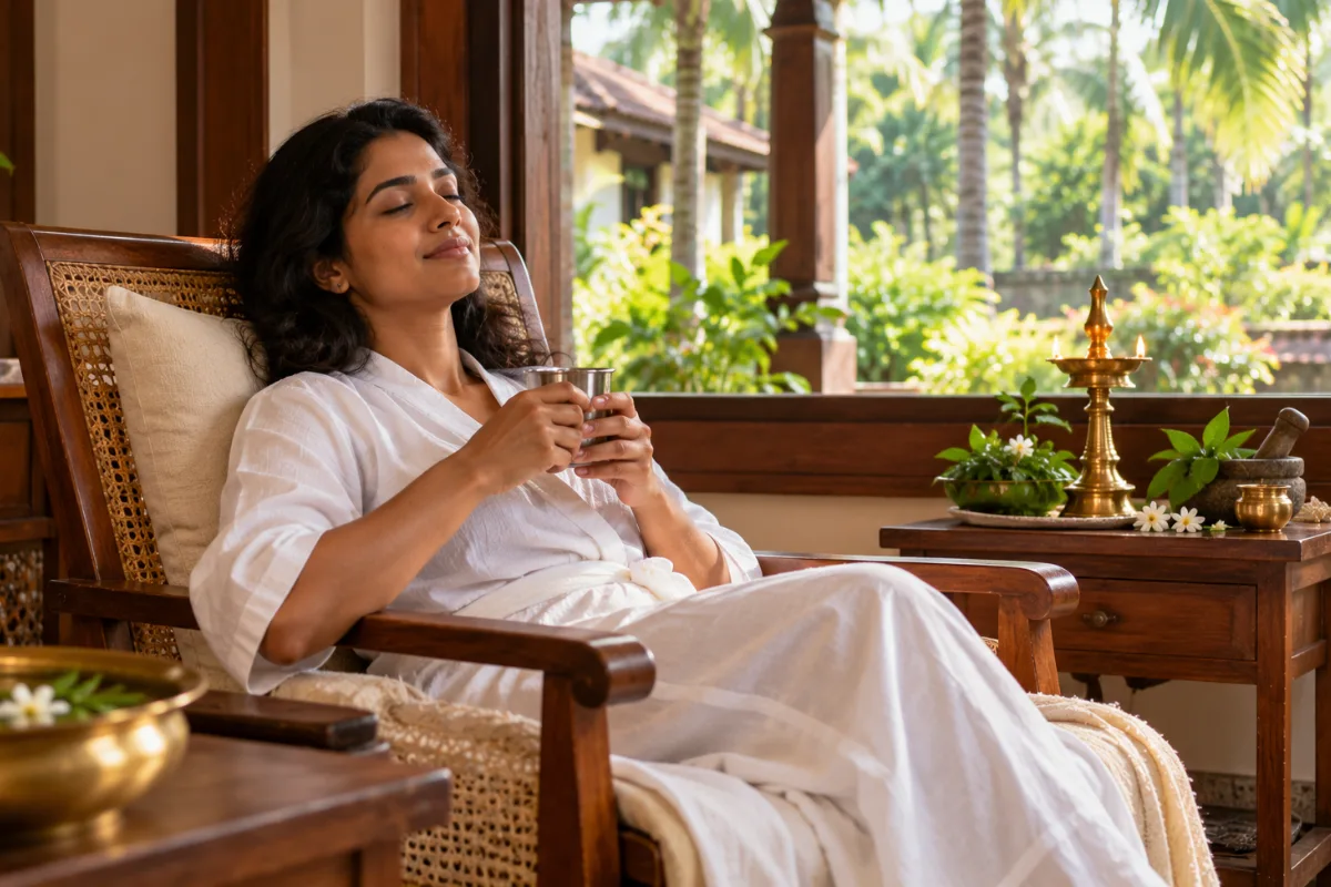 Guest resting with closed eyes and a cup of warm water after a Tharpanam eye treatment at an Ayurvedic centre in Kerala