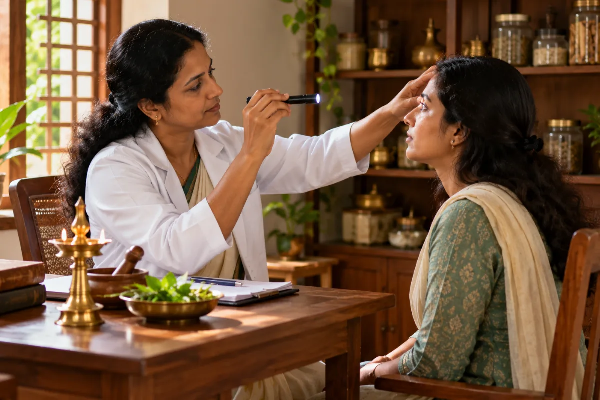 Ayurvedic physician examining a guest's eyes and checking the pulse during a consultation before Tharpanam in Kovalam