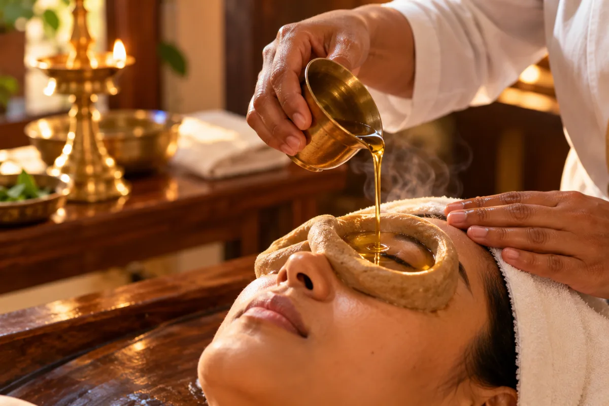 Therapist pouring warm medicated ghee into dough rings around a guest's closed eyes during Tharpanam in Kovalam