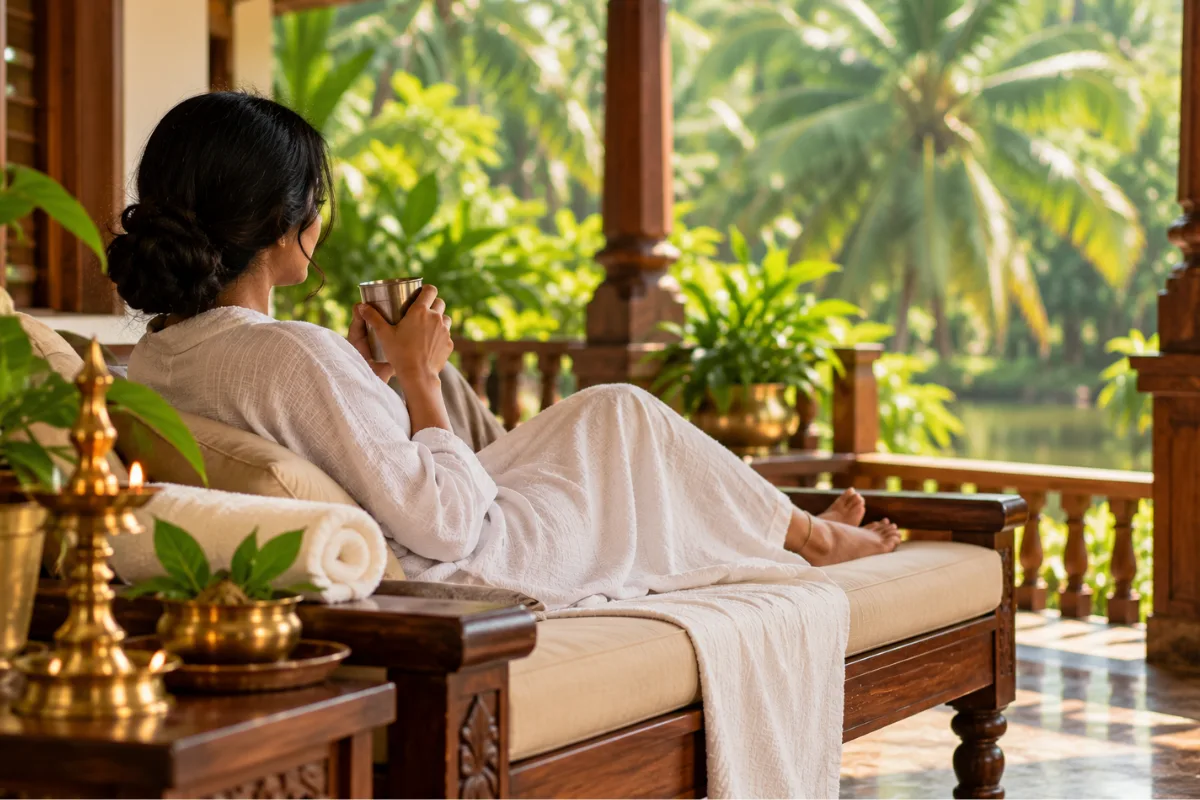 Guest resting with a cup of warm water after an Udwarthana massage at an Ayurvedic centre in Kerala