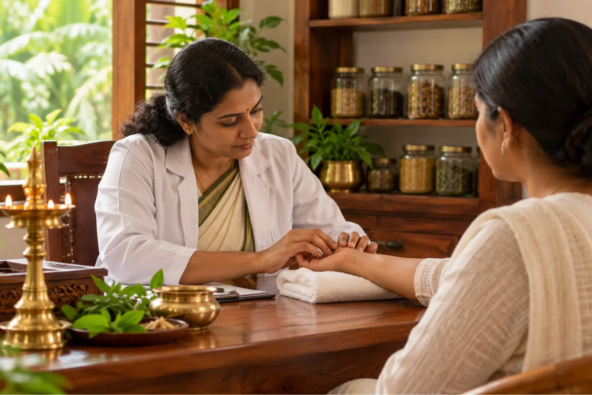 Ayurvedic physician consulting a guest before an Udwarthana powder massage in Kovalam
