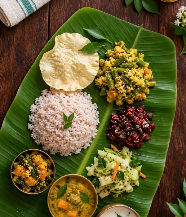Light Ayurvedic vegetarian meal on a banana leaf